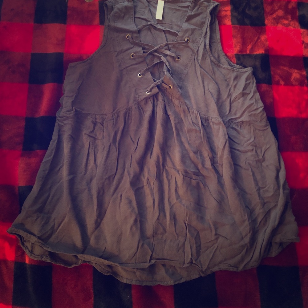Gray Sleeveless Lace-Up Top